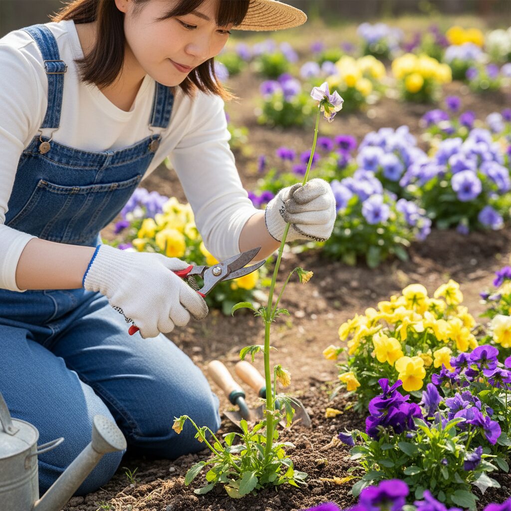 パンジーの徒長を防ぐ切り戻しの方法、間延びした茎の節の上をハサミでカットする位置
