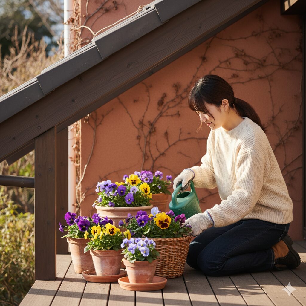 パンジーの冬越しに最適な場所、日光が当たる南向きの軒下に置かれた鉢植え