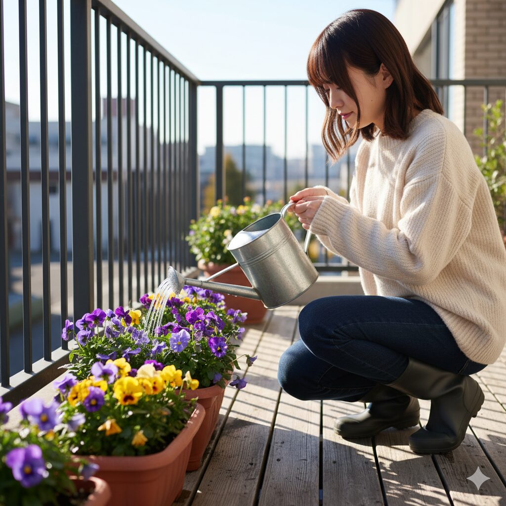 パンジー冬の水やりのコツ、晴れた日の午前中にジョウロで株元へ水やりする様子