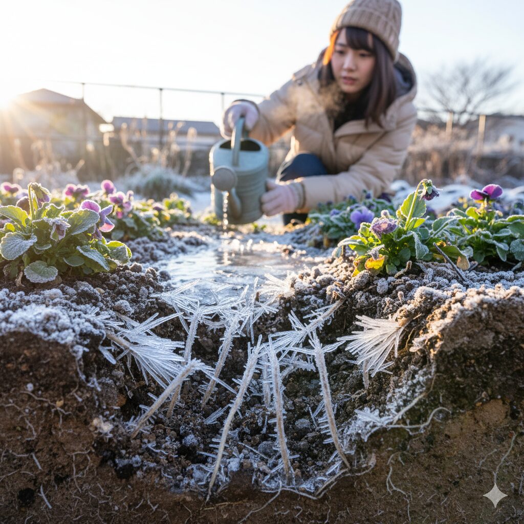 パンジーの根が凍結するメカニズムの図解、午後の水やりで土が凍り根毛が断裂する様子