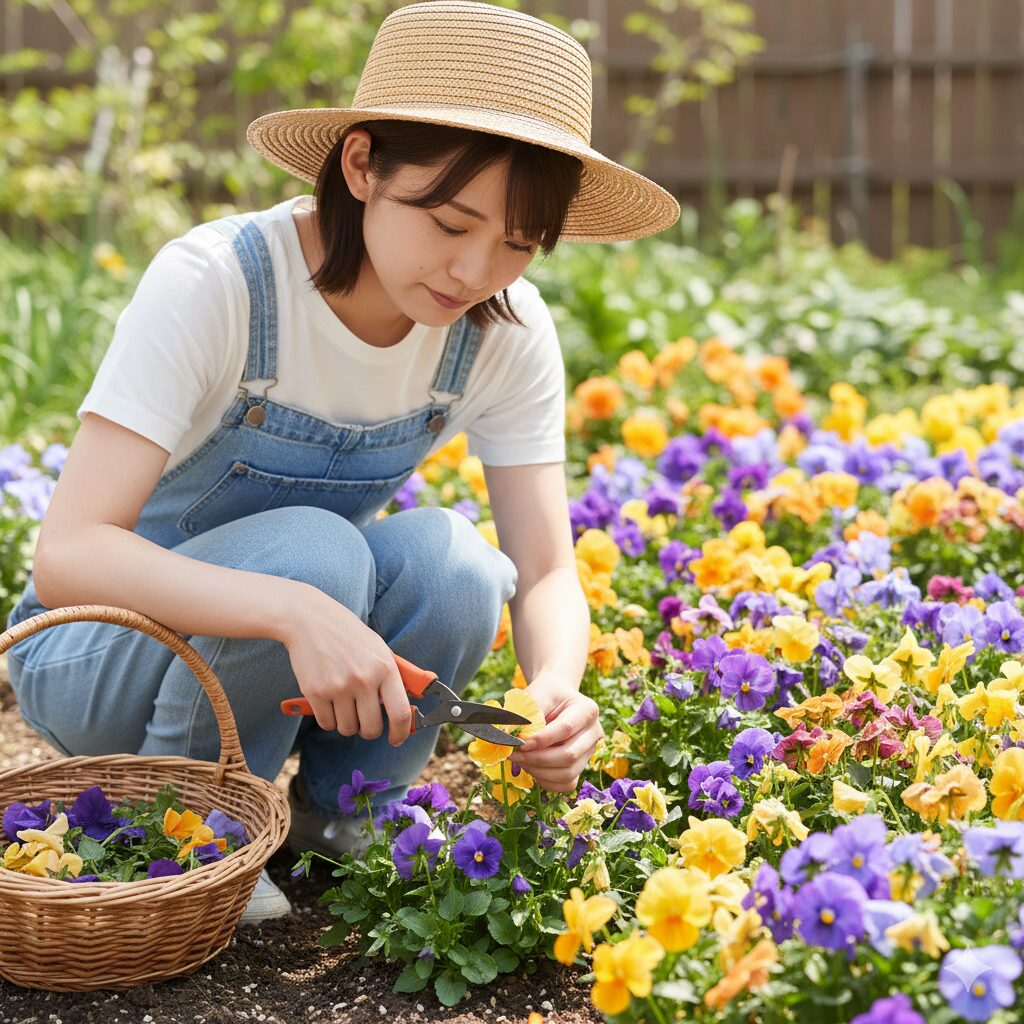 パンジーの花がら摘みの正しい方法、咲き終わった花を茎の付け根からハサミで切る様子