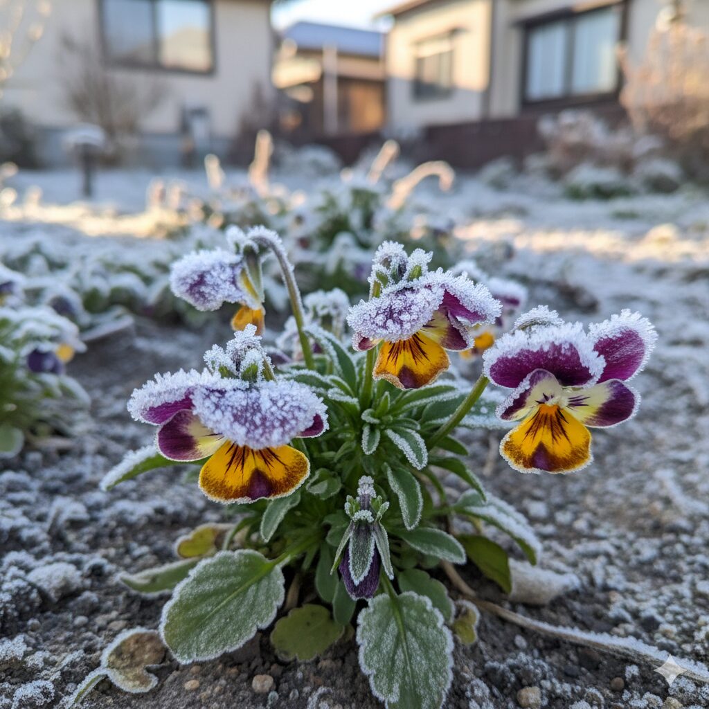 霜が降りてぐったりと凍結したパンジーの様子、触らずに自然解凍を待つべき状態