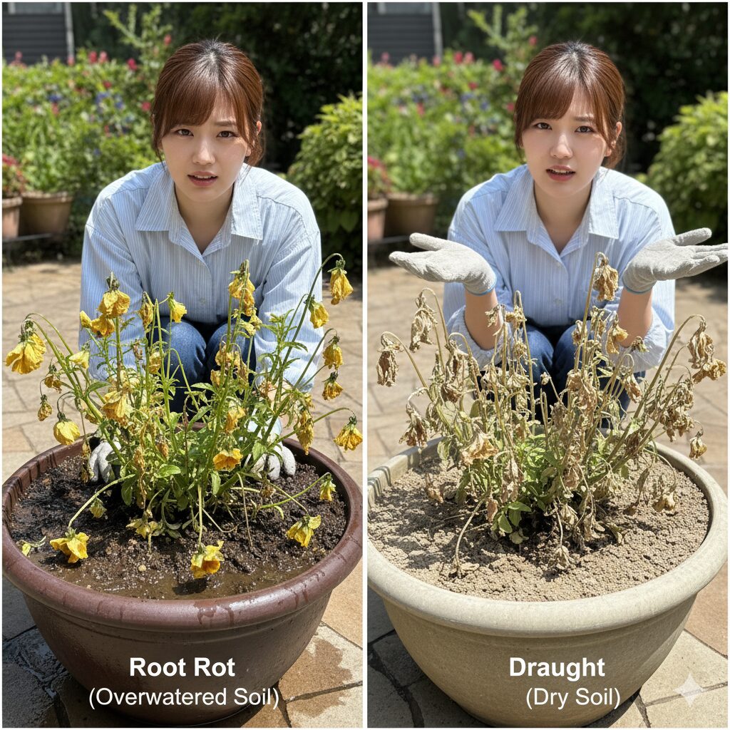 パンジーが枯れる原因、根腐れ（土が過湿）と水切れ（土が乾燥）の症状比較写真