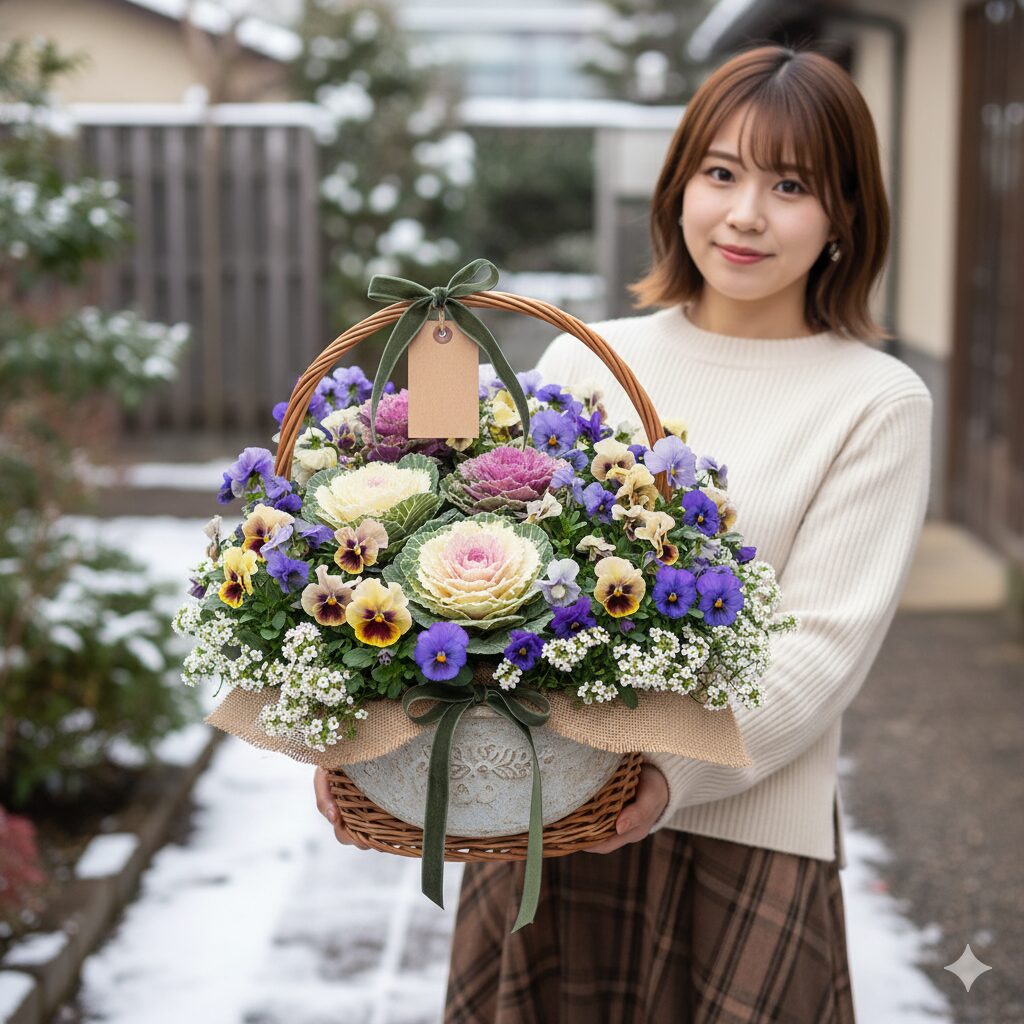 パンジー、ビオラ、アリッサム、ハボタンを使った美しい冬の寄せ植え。ギフトとして推奨される形態の具体例。