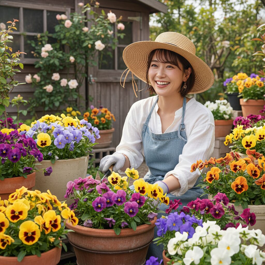 プランターでカラフルに咲き誇るパンジー。ガーデニングでの身近な存在感を示す。