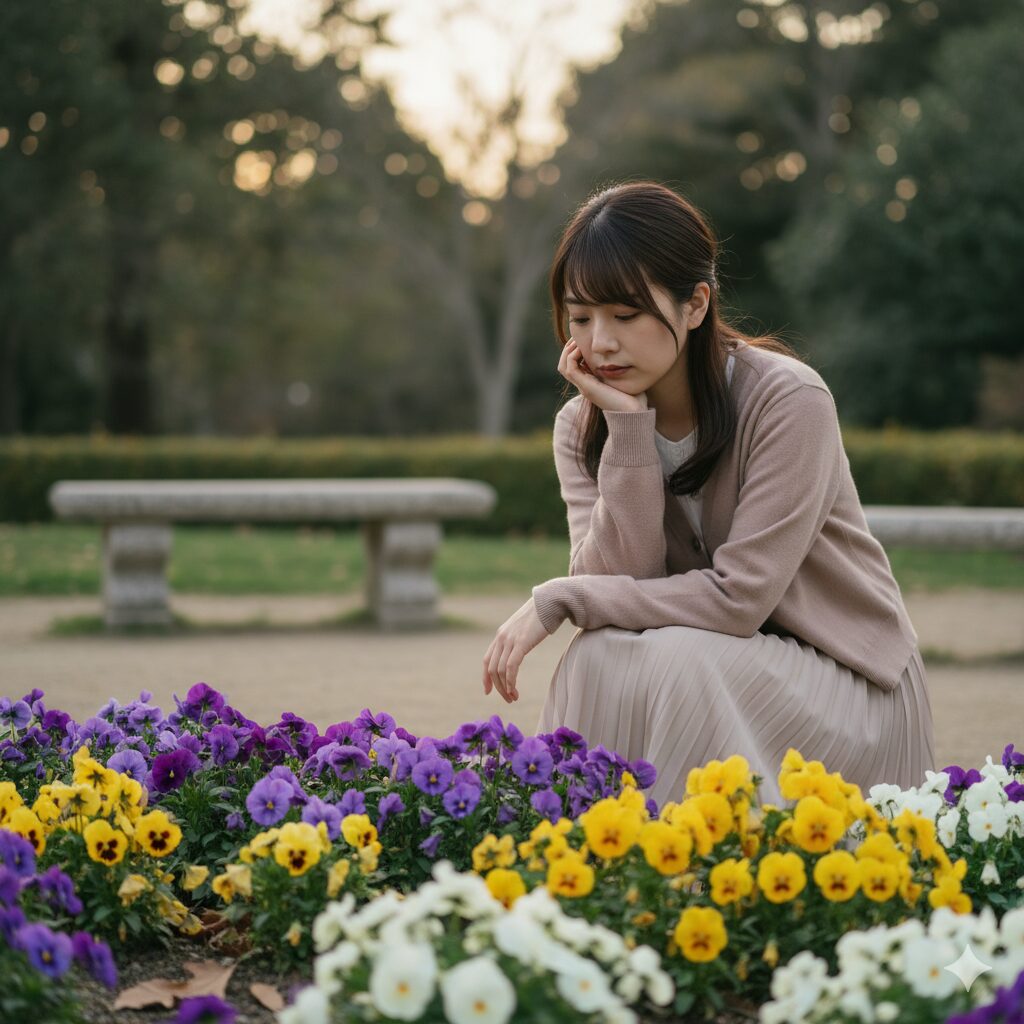 少しうつむき加減に咲くパンジーの姿。「もの思い（Penser）」という花言葉の由来を視覚的に表現。