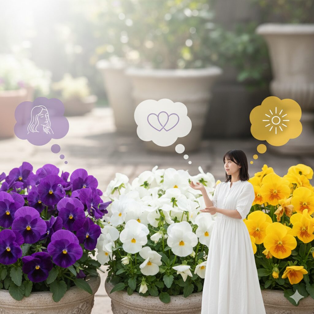 紫、白、黄色のパンジーが並んだ画像。パンジーの色別の花言葉の違いを比較するイメージ。