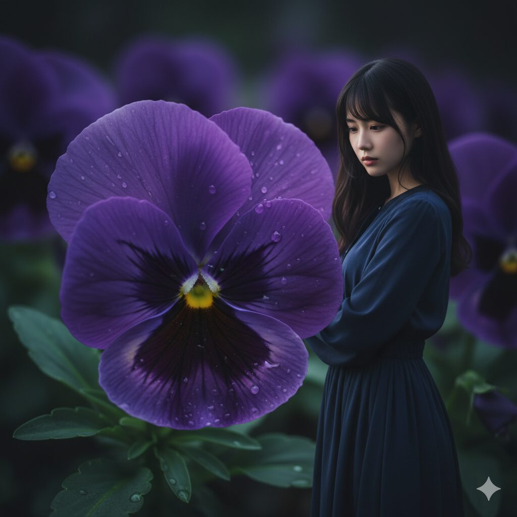 美しくミステリアスな雰囲気を持つ、紫色のパンジーのクローズアップ。「私を思って」という花言葉の印象。