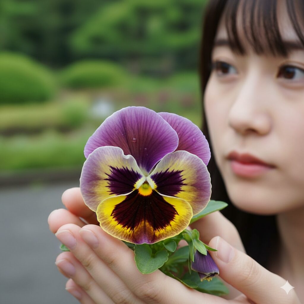 中心の模様（ブロッチ）が人の顔のように見えるパンジーの正面写真。「もの思い」のイメージ補強の具体例。