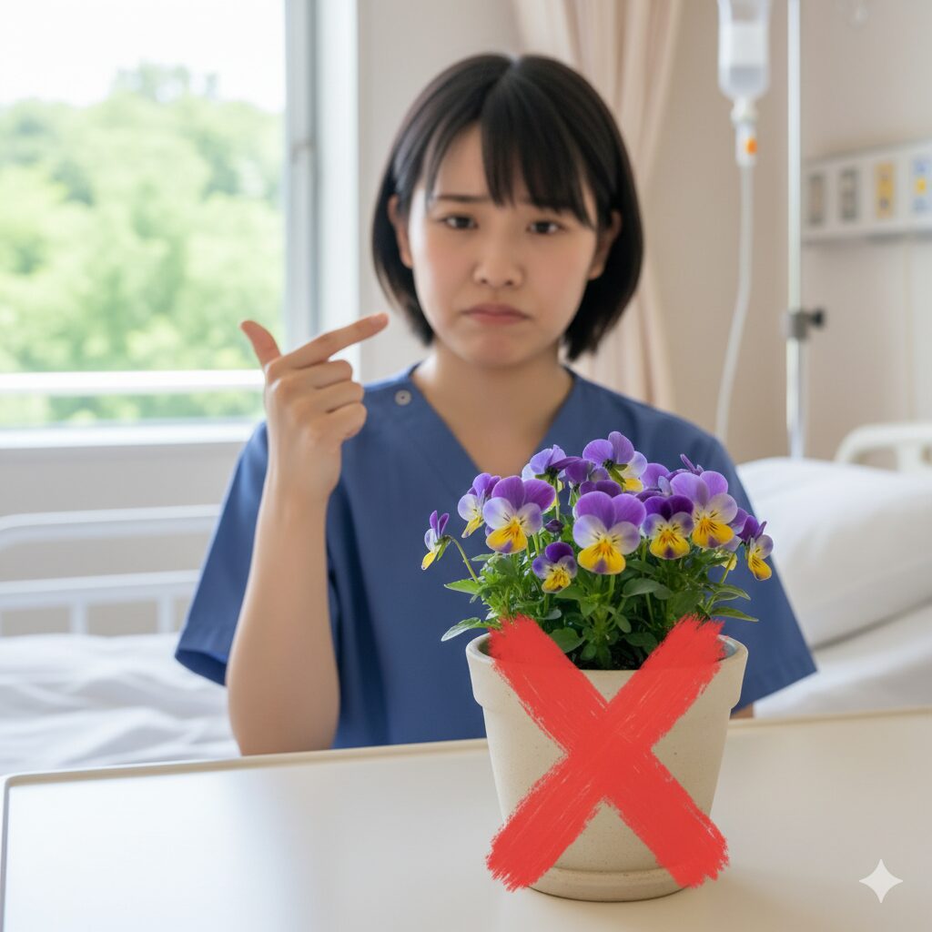 病院の病室に持ち込まれた鉢植えに大きなバツ印（×）が付いたイラスト。「お見舞いに鉢植えは厳禁」というマナーを示す。