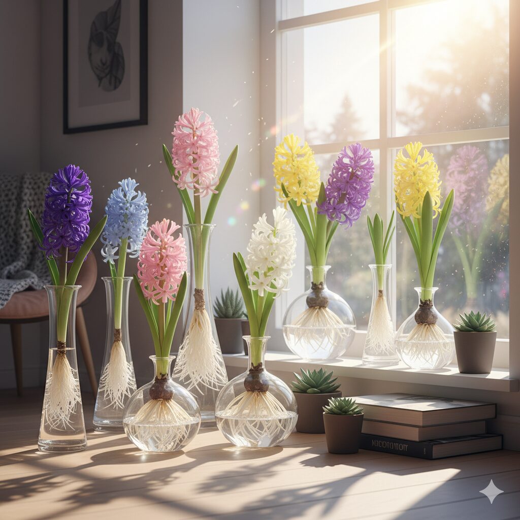 リビングの窓辺に飾られた、透明なガラス容器で水耕栽培された複数のヒヤシンス。様々な色の花が咲き誇り、根が美しく伸びている様子が見える。光が差し込み、部屋全体が明るくおしゃれな雰囲気になっている。