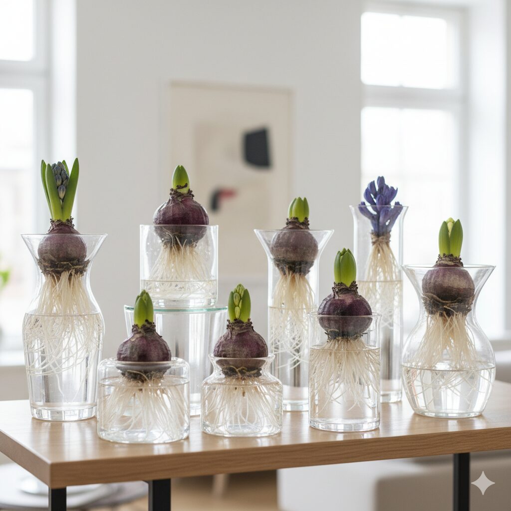 準備された状態のヒヤシンスの球根が数個、木製のトレーの上に置かれている。球根は大きくてしっかりとしており、健康な状態であることが見て取れる。背景にはガーデニング用品がぼんやりと見える。