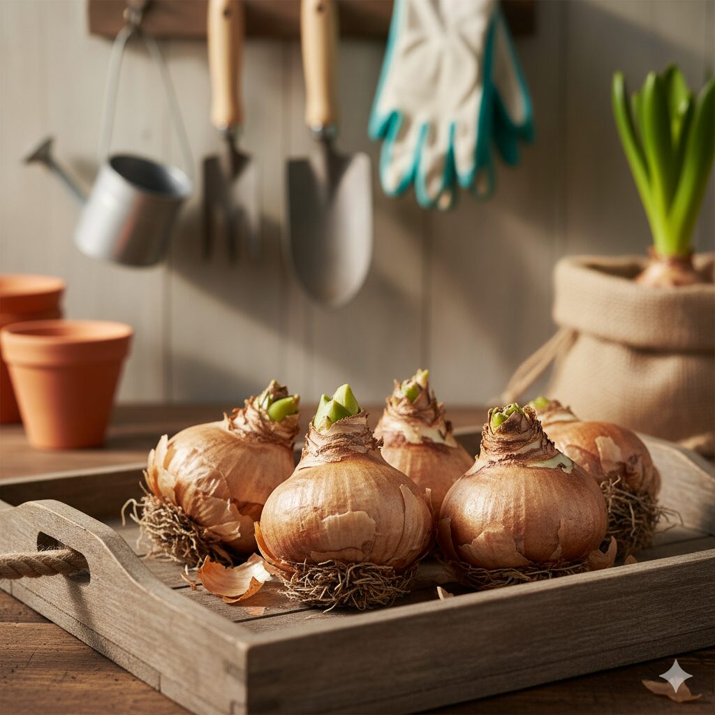準備された状態のヒヤシンスの球根が数個、木製のトレーの上に置かれている。球根は大きくてしっかりとしており、健康な状態であることが見て取れる。背景にはガーデニング用品がぼんやりと見える。