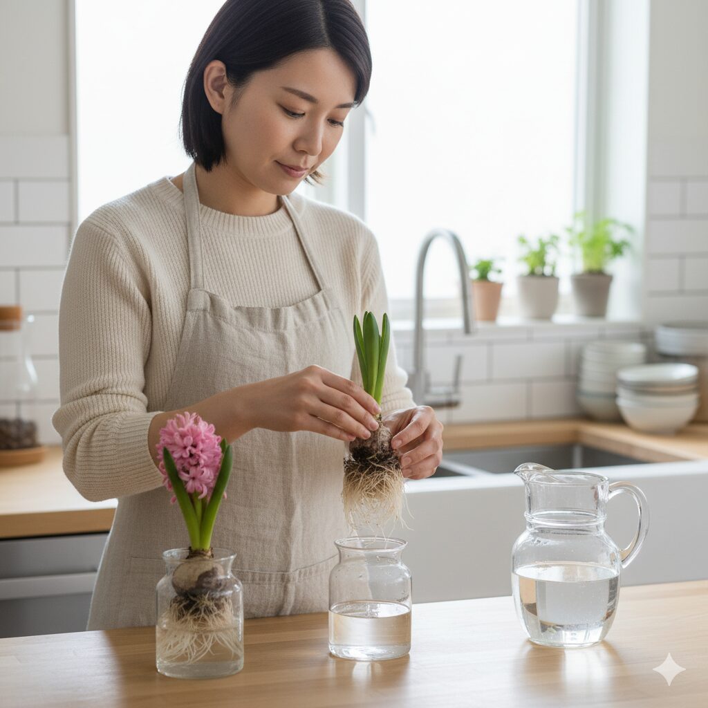 日本人女性が、水耕栽培中のヒヤシンスの容器の水を交換している。透明な容器には清潔な水と白い根が見え、女性は優しく根を扱っている。清潔感が伝わるキッチンや作業スペースが背景にある。