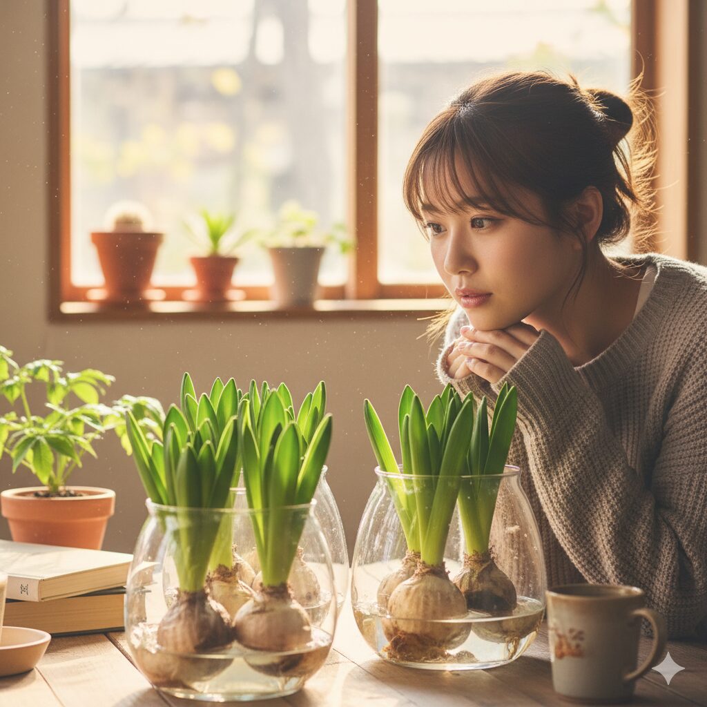 開花を終え、葉がまだ緑色のヒヤシンスの球根が、透明な容器に入ったまま置かれている。次のシーズンに向けて球根が養分を蓄えている様子がうかがえる。背景は自然光が差し込む落ち着いた空間。