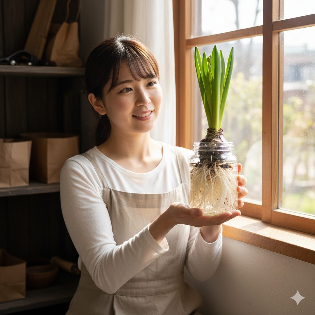 冷暗所から取り出され、明るい窓辺に置かれたヒヤシンスの水耕栽培。根はしっかりと伸び、新芽が力強く成長している。花茎がこれから伸びていく期待感を感じさせる。
