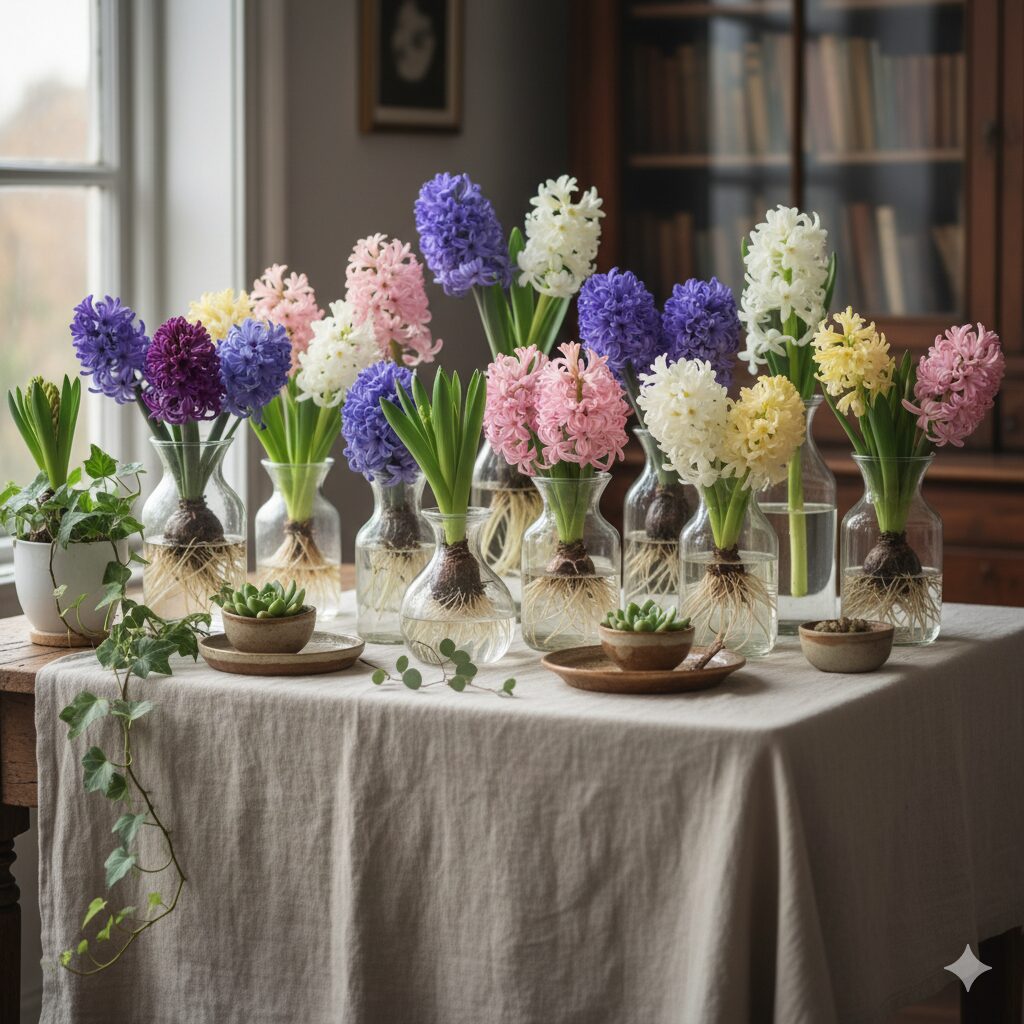 さまざまな色合いのヒヤシンスが水耕栽培され、テーブルの上に飾られている。リネン素材のクロスや陶器の小物、他のグリーンと共に配置され、視覚的にも嗅覚的にも豊かな空間を演出している。