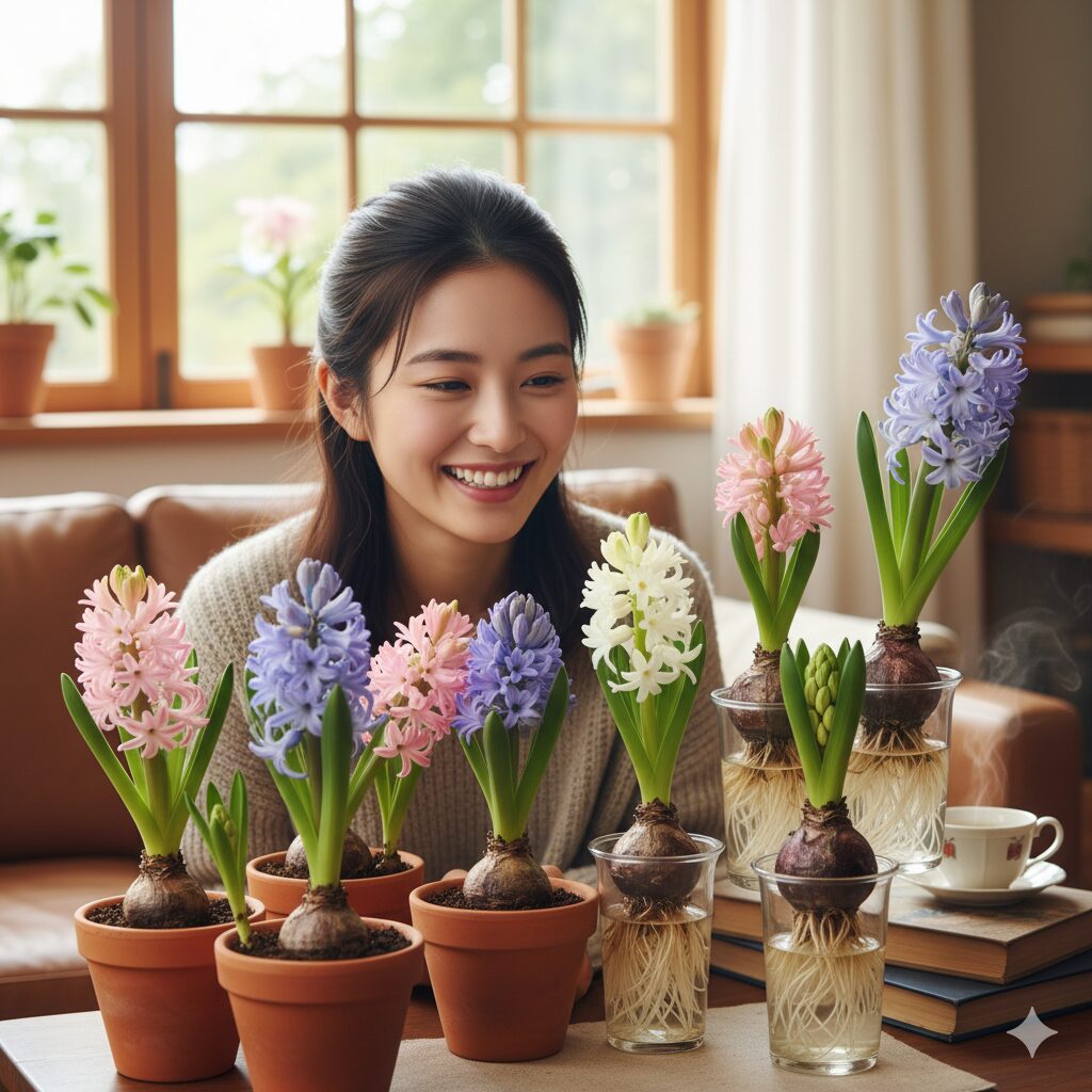 屋内で咲いている鉢植えと水耕栽培のヒヤシンスの花々を嬉しそうに見ている若い日本人女性