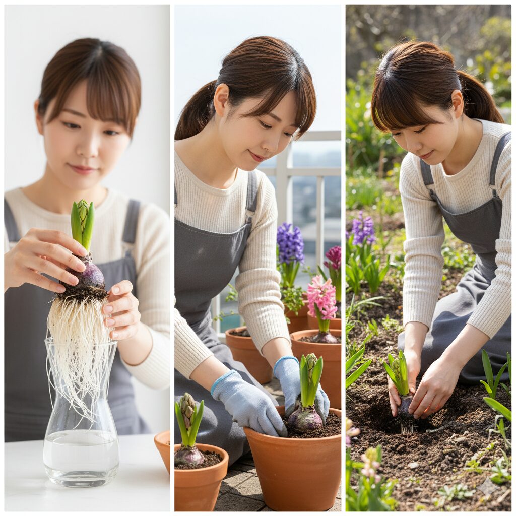 ヒヤシンスを水耕栽培、鉢植え、地植えで育てる若い女性のコラージュ画像