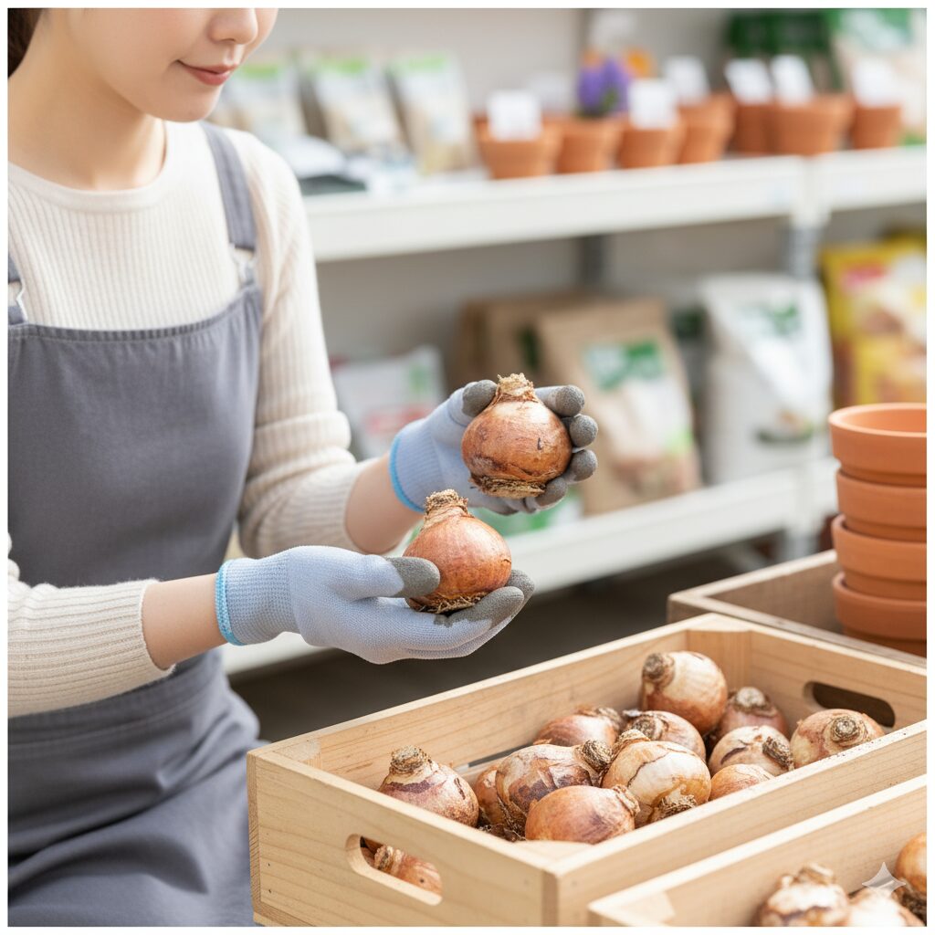 園芸店でヒヤシンスの球根を手に取り、状態を注意深く確認している若い日本人女性