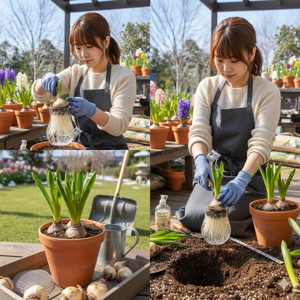ヒヤシンスの鉢植えと水耕栽培、地植えの準備をしている若い日本人女性のコラージュ画像