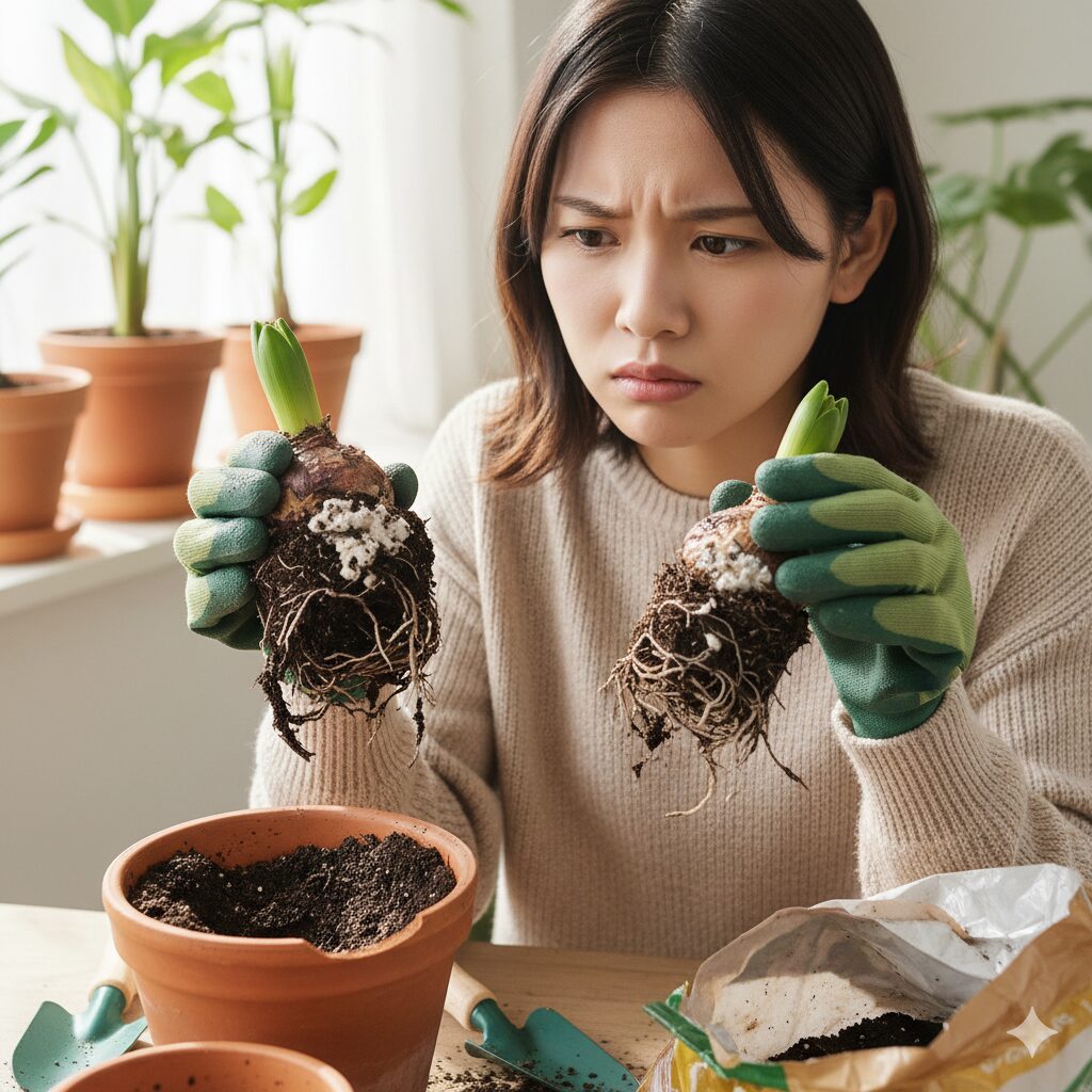 梅雨時の過湿により根腐れしてしまったヒヤシンスの球根と、それを見て困惑する若い日本人女性