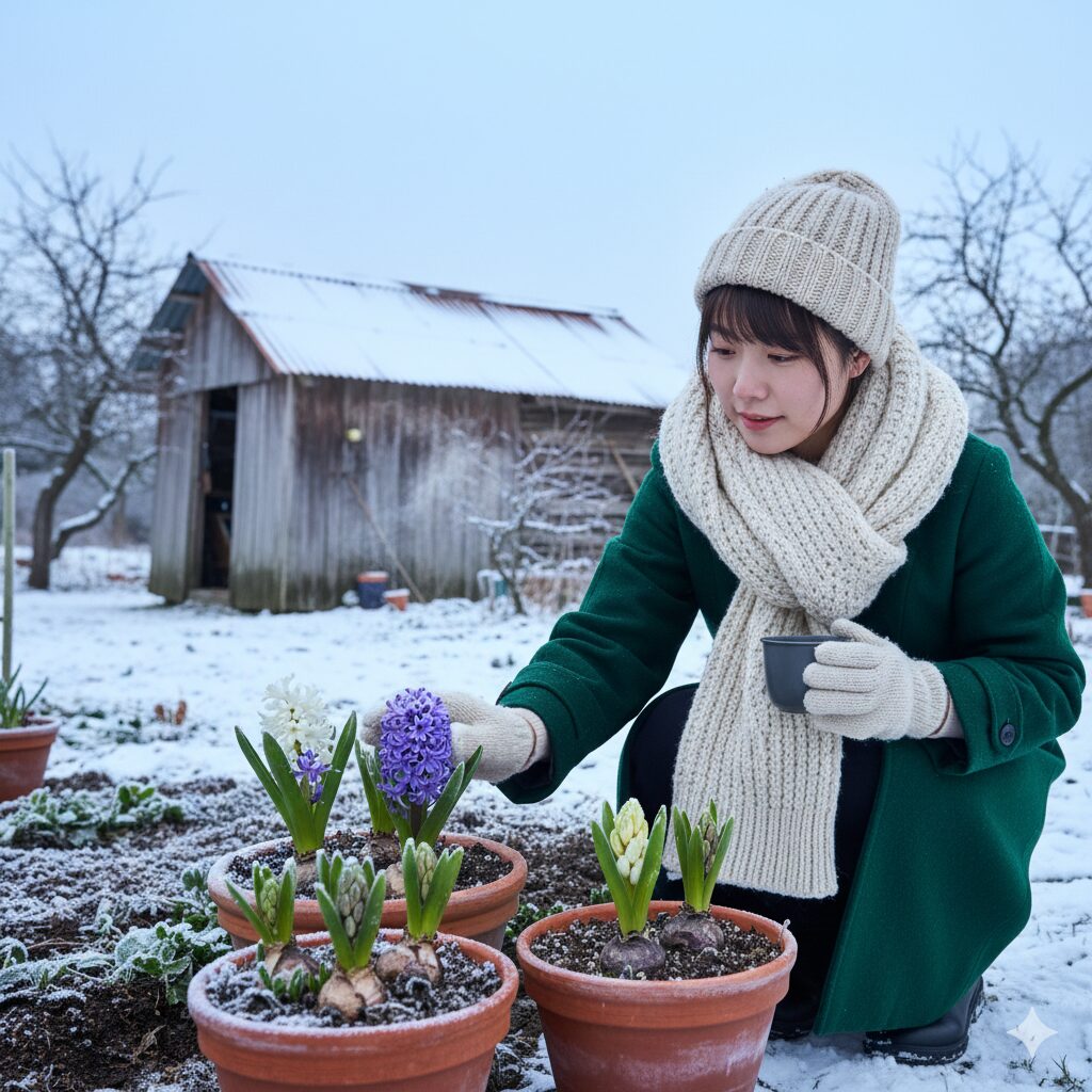 寒い屋外で管理されているヒヤシンスの鉢植えを優しく見守る若い日本人女性