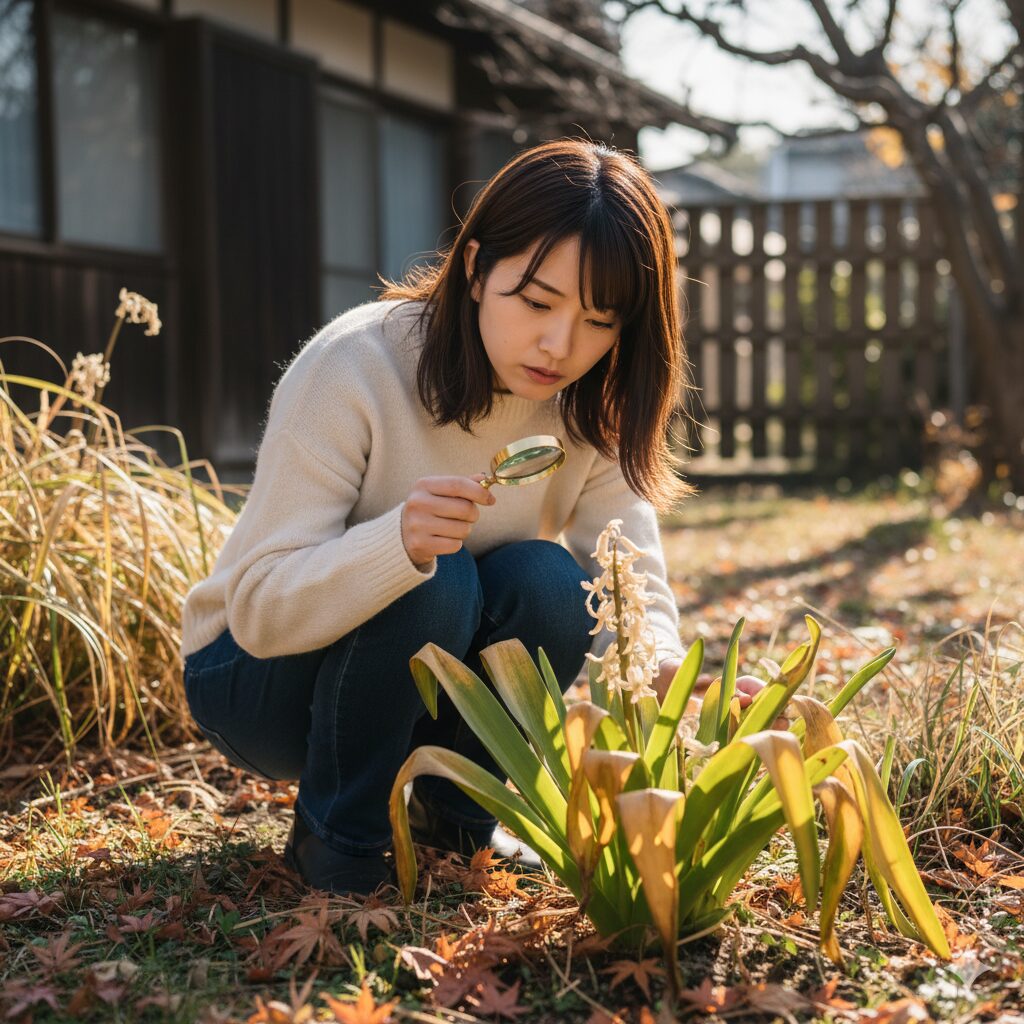 花が終わり、黄色く枯れてきたヒヤシンスの葉を観察している若い日本人女性