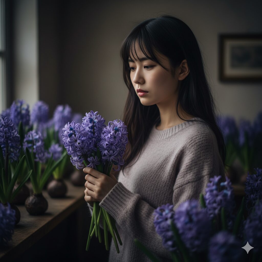 美しい紫色のヒヤシンスの花が咲き誇る中で、若い日本人女性がどこか憂いを帯びた表情で花を見つめている。背景は少し暗く、花の美しさと対比される「怖い」というテーマを暗示している