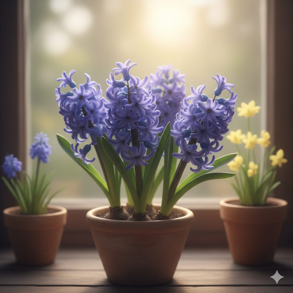 美しい青色のヒヤシンスが、優しく差し込む光の中で咲いている。悲劇を乗り越えた「不変の愛」や「希望」を象徴するように、清らかで穏やかな雰囲気が表現されている。