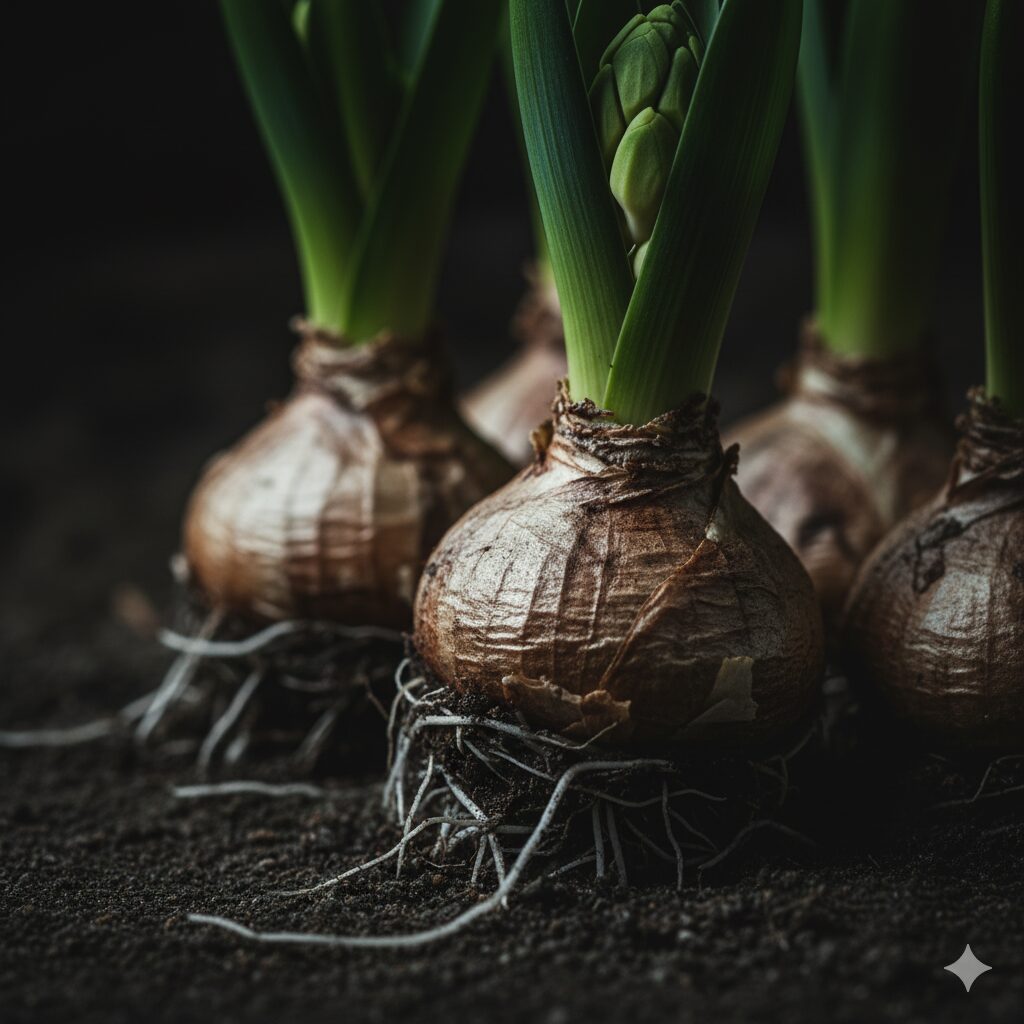 ヒヤシンスの球根が土から露出している様子をクローズアップ。周りには注意を促すような薄暗い影があり、植物が持つ物理的な危険性を暗示している