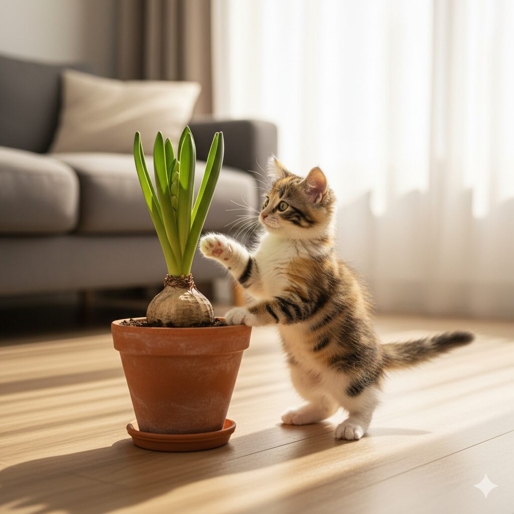 水栽培されているヒヤシンスの球根が、手の届かない高い棚の上に置かれている。棚の下には幼い子供が楽しそうに遊んでいる姿がぼんやりと見え、誤食を防ぐための厳重な管理の重要性を示唆している