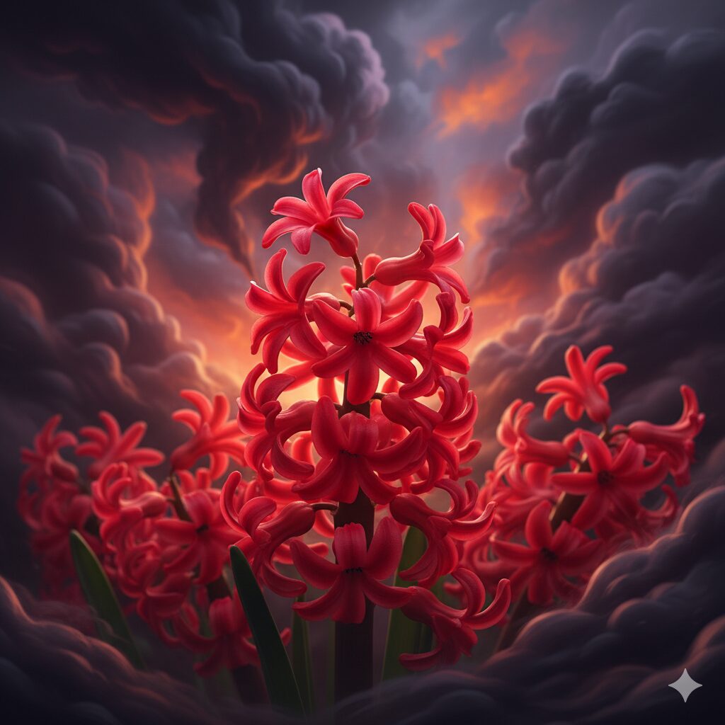 鮮やかな赤色のヒヤシンスが情熱的に咲いている。その背後には、怒りや嫉妬を表すかのような、少し荒々しい風の流れや影が表現されており、神話におけるゼピュロスの嫉妬を暗示している