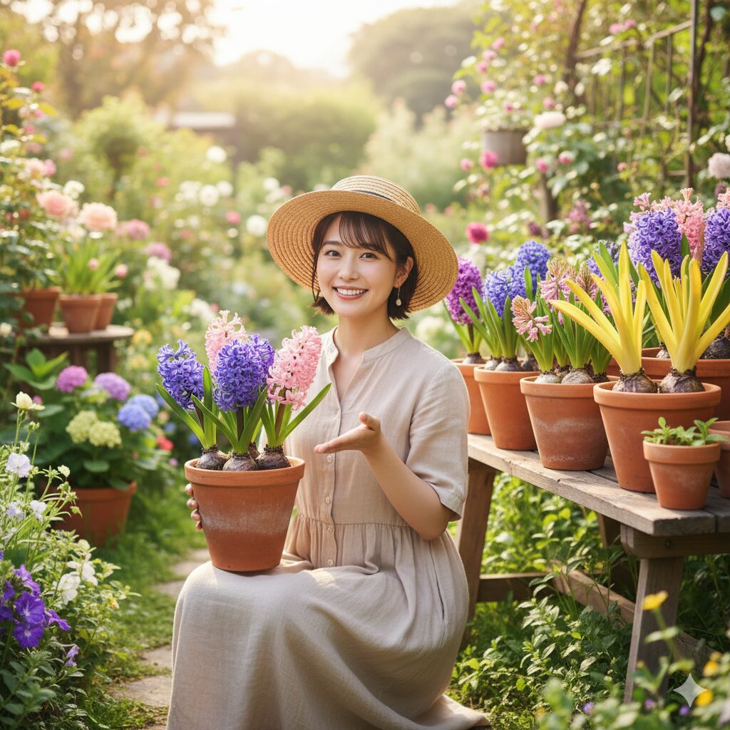 麦わら帽子をかぶった若い日本人女性が、ヒヤシンスの鉢植えを抱えて笑顔で庭に座っている。