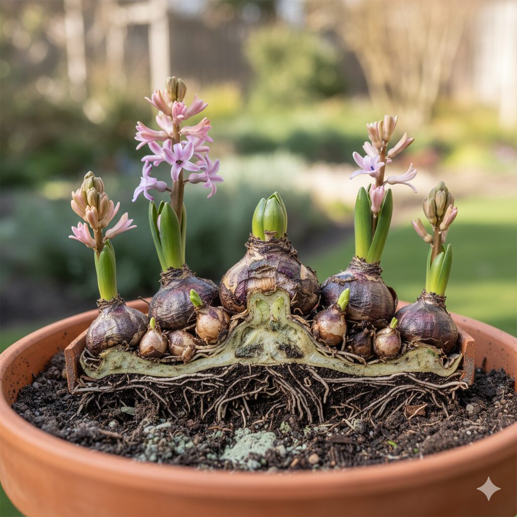 ヒヤシンスの球根が植えられた鉢植えの断面図。親球の周りに子球が増殖し、根が鉢の中で絡み合っている様子がわかる