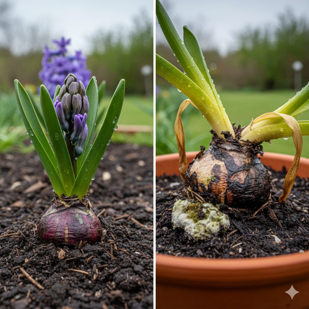 左右に分割された画像。左側は地植えで健康に育つヒヤシンスの球根と新芽。右側は鉢植えで湿気により腐敗が始まったヒヤシンスの球根