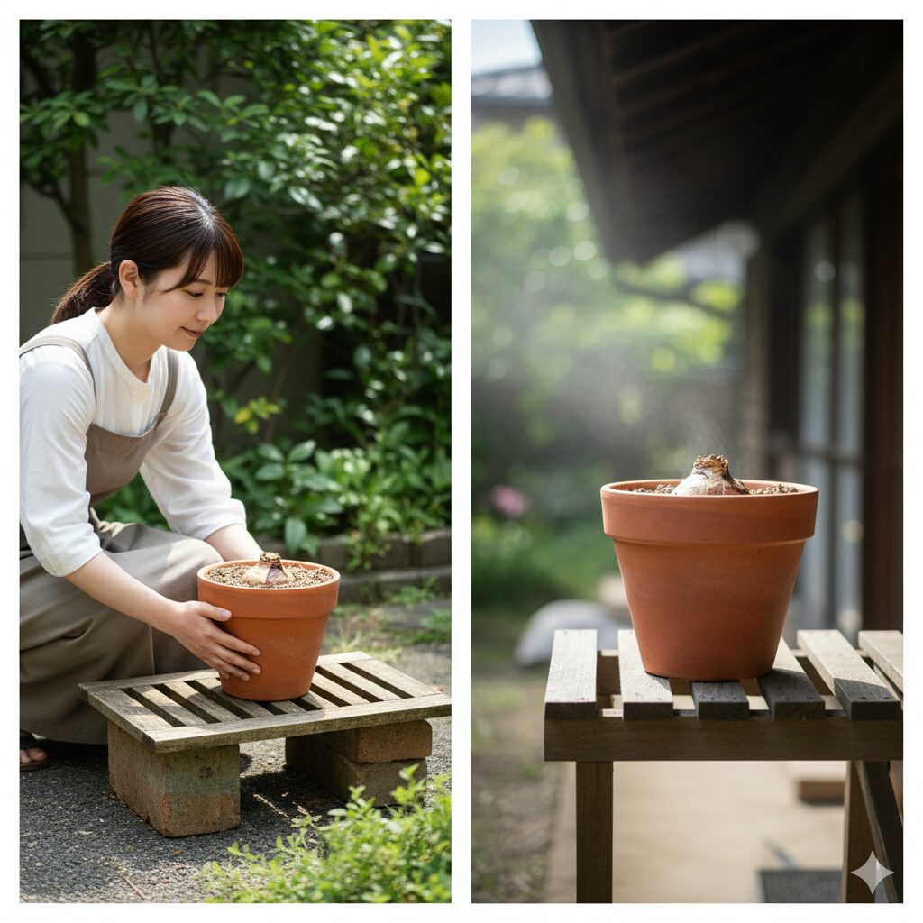 左右に分割された画像。左側は、若い日本人女性がヒヤシンスの鉢植えをレンガとスノコの上に置いている様子。右側は、夏場の強い日差しと湿気から守るため、風通しの良い日陰に置かれたヒヤシンスの鉢植え。