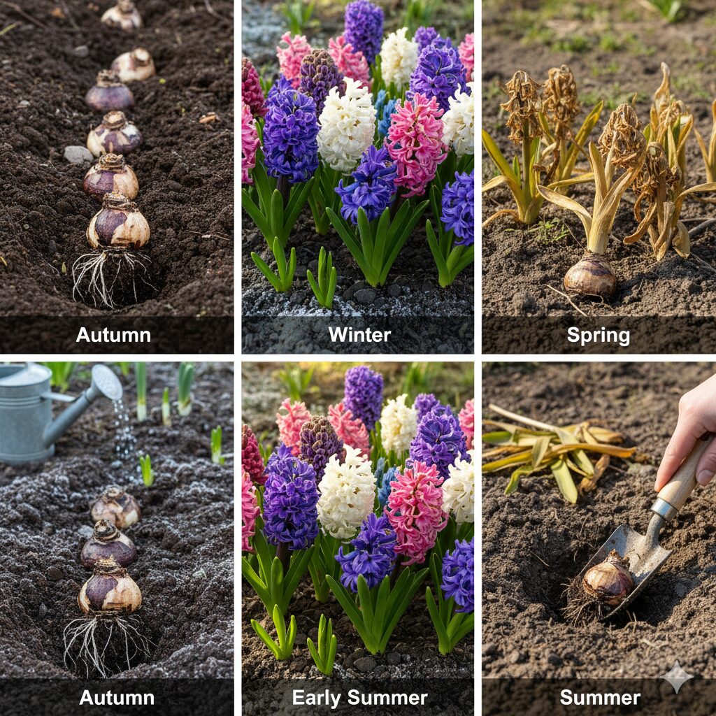 ヒヤシンスの年間管理カレンダーを視覚化した5分割の画像。左から順に、秋の植え付けと根張り、冬の寒冷処理と水やり、春の開花期の鮮やかなヒヤシンス、初夏の栄養蓄積と葉の枯れ始め、夏の休眠期の断水管理を示す