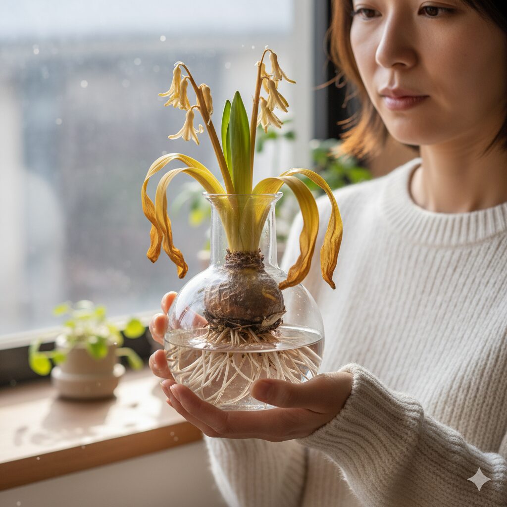 ヒヤシンスの咲き終わった花がら(花びら)を、指で優しくひとつひとつ摘み取っている若い日本人女性の手元