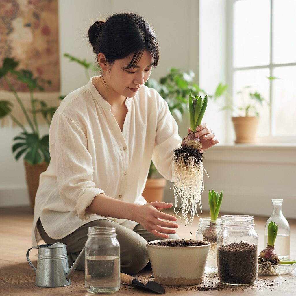 水栽培で長く伸びた繊細な根を傷つけないよう、若い日本人女性がヒヤシンスの球根を鉢の土に優しく植え替えている