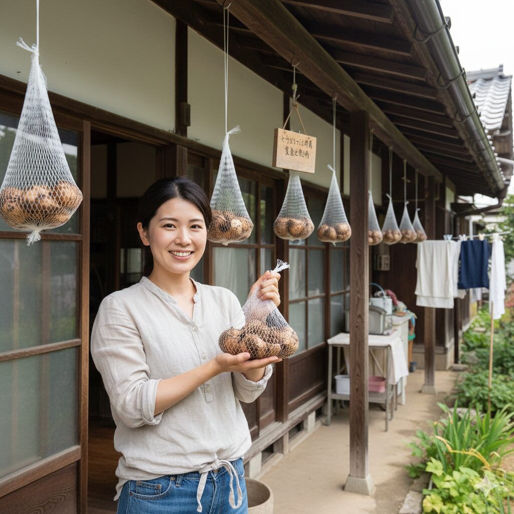 消毒・乾燥させたヒヤシンスの球根が、網袋(ネット)に入れられ、風通しの良い日陰の軒下に吊るされて夏越し保存されている