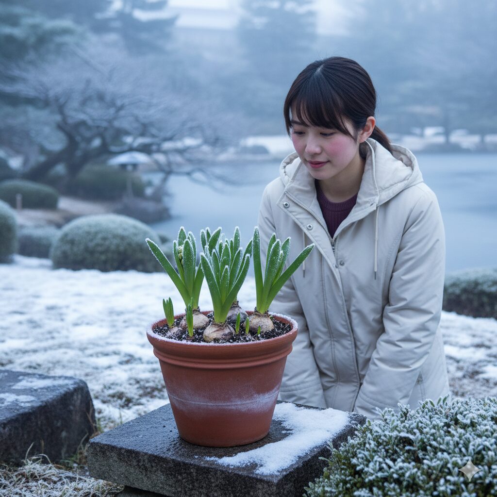 屋外に置かれ、うっすらと霜(または雪)をかぶり、冬の寒さにあてられている(春化処理されている)ヒヤシンスの鉢植え