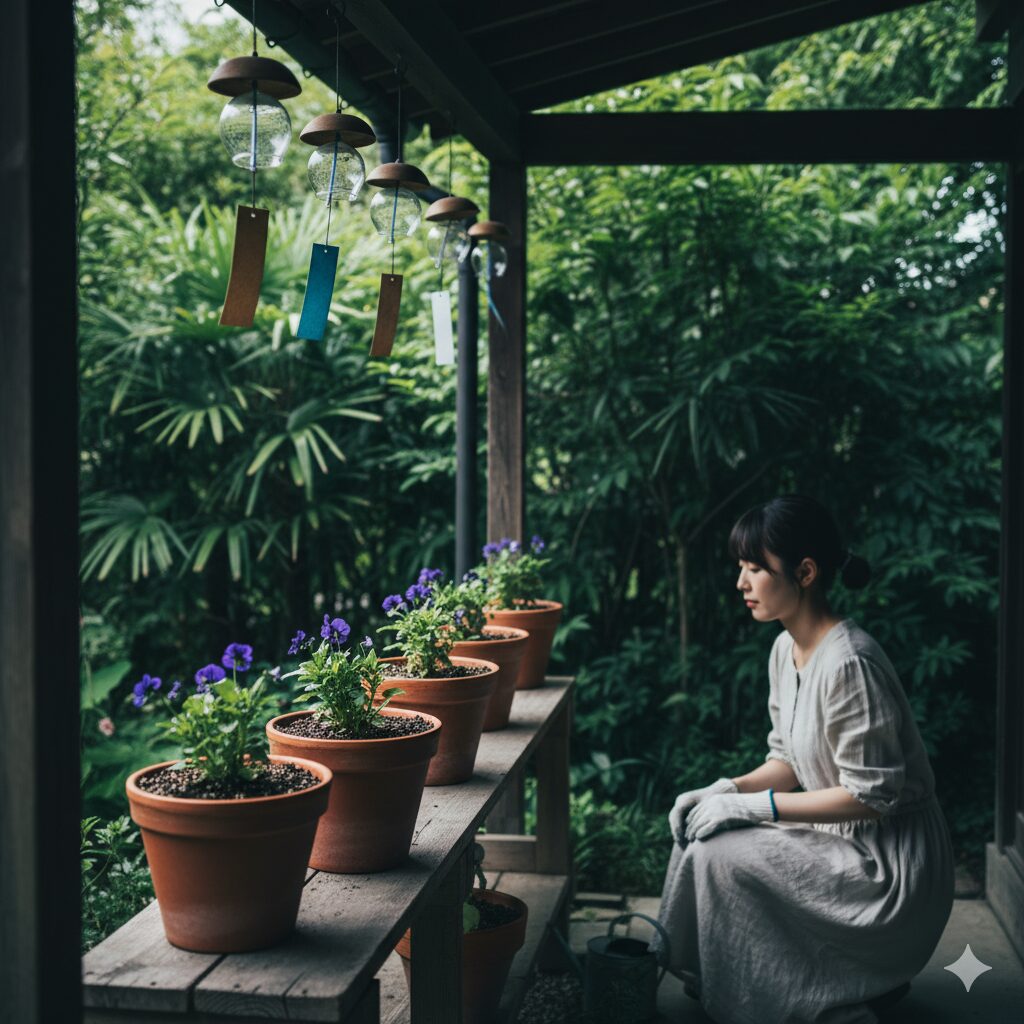 ビオラの夏越しの置き場所 涼しい日陰で切り戻して管理する様子