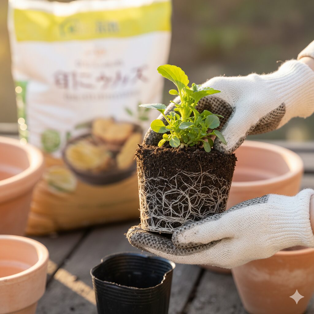 ビオラの秋植え 根がしっかりと張った健康な苗と植え付け作業