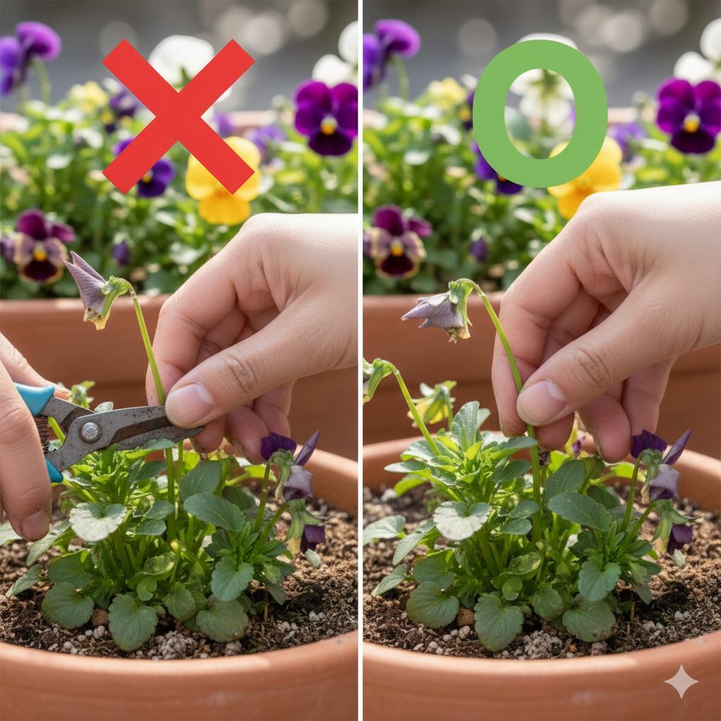 ビオラの花がら摘みの正しい方法 茎の根元から摘み取る手順の解説