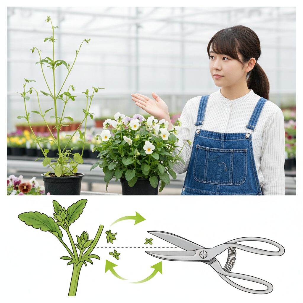 ビオラの切り戻し位置の図解 徒長した茎を節の上で剪定するポイント