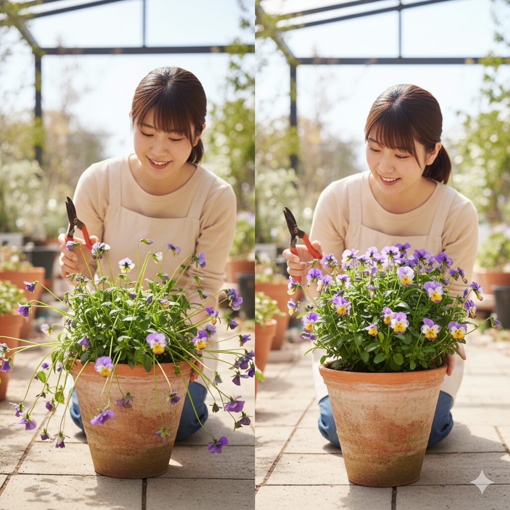 春のビオラの切り戻しビフォーアフター 徒長した株を整える剪定の様子