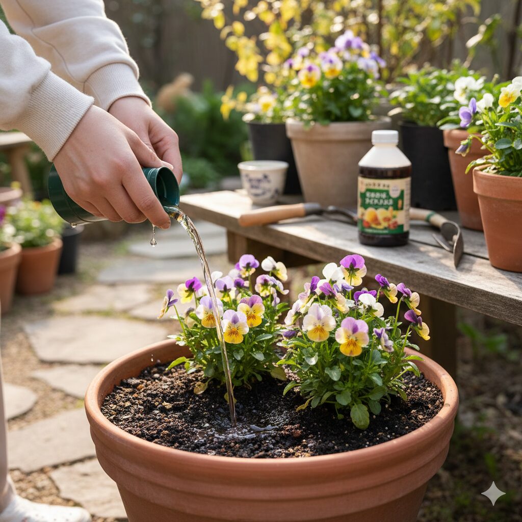 ビオラへの追肥作業 液体肥料を薄めて株元にたっぷりと与える様子