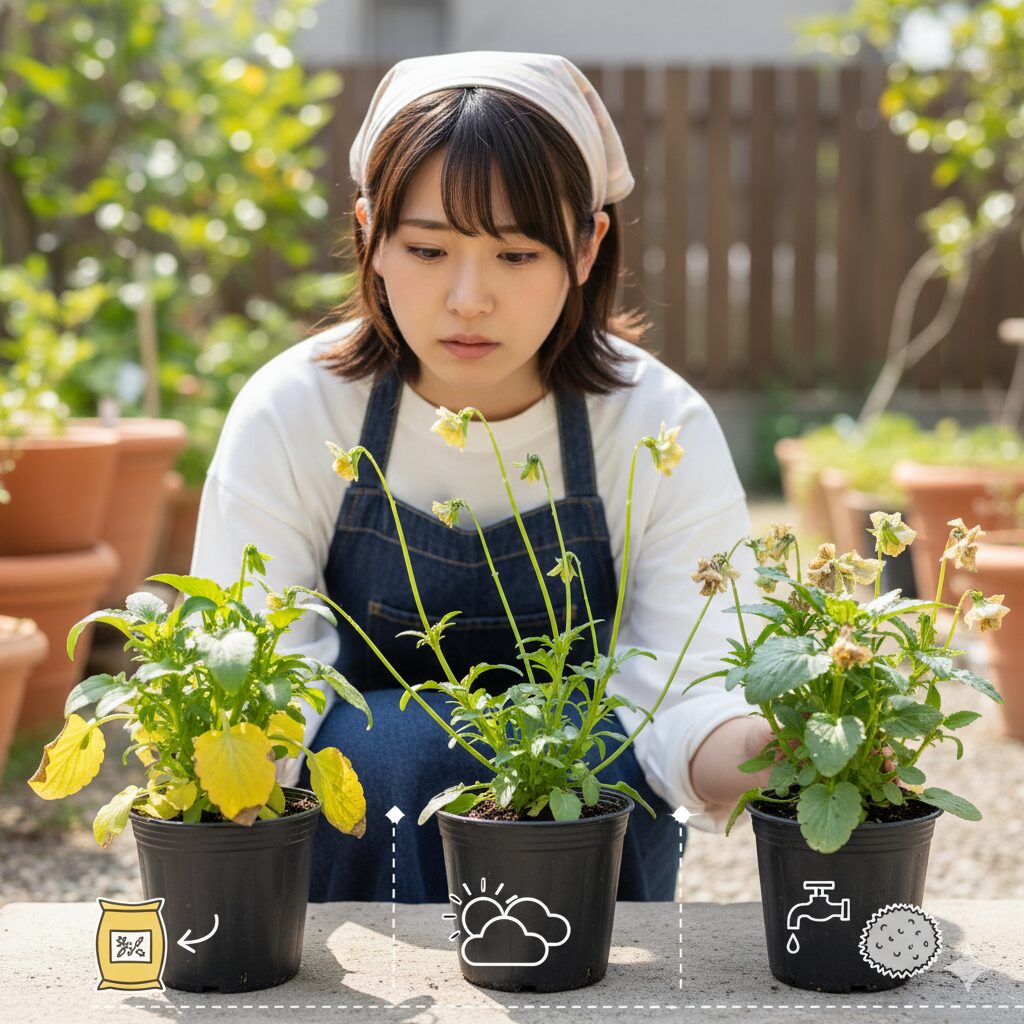 ビオラが咲かない原因のイラスト 日照不足・肥料切れ・病気の症状