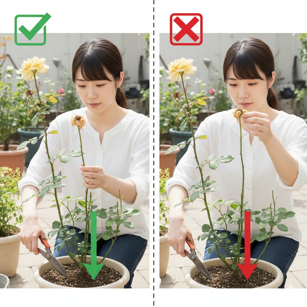 ビオラの種を作らせないための正しい花がら摘みの位置（茎の根元）を示す図解